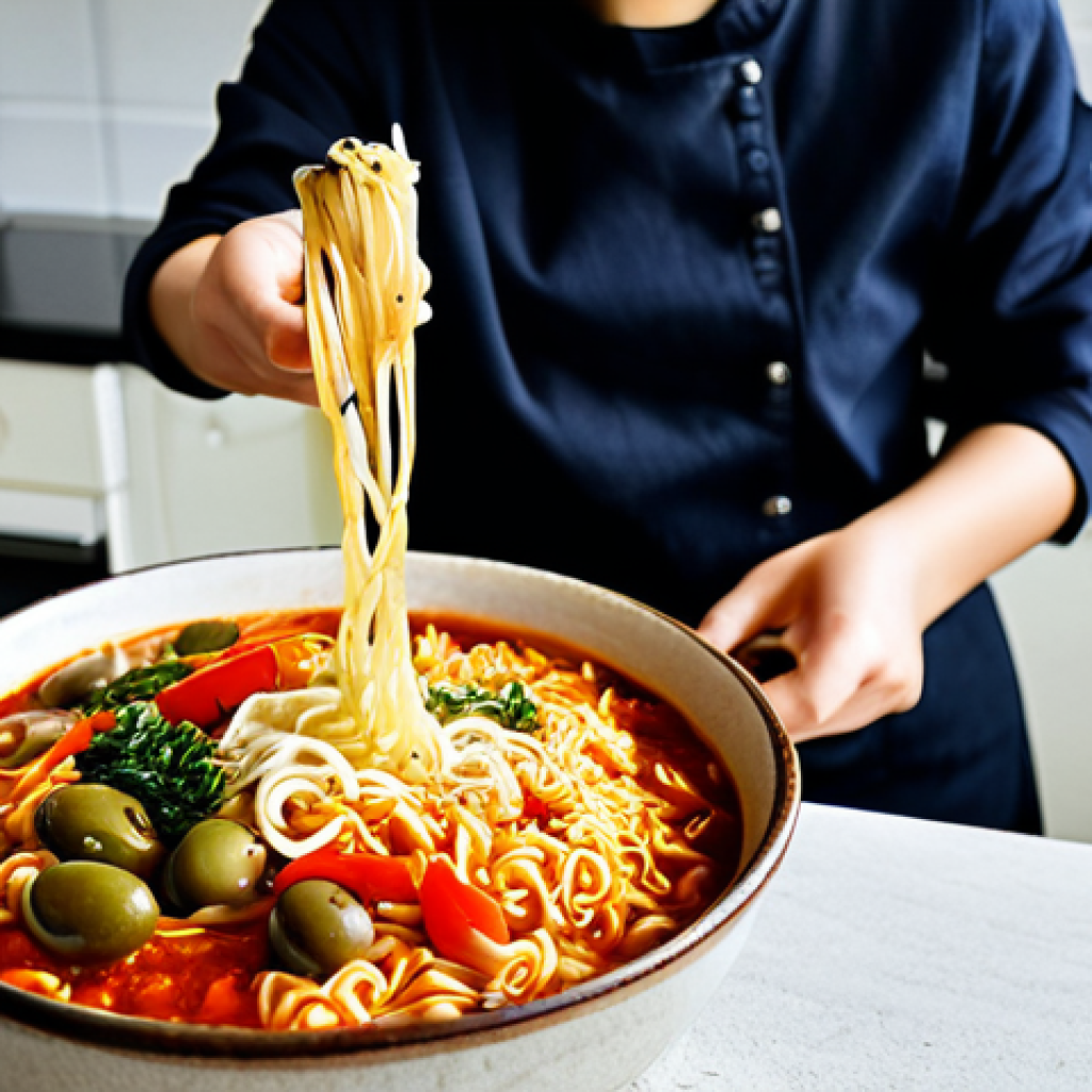 **

"A cozy Portuguese kitchen scene. A young woman, fully clothed in a casual outfit, is preparing "ramyeon" (Korean instant noodles). She is adding fresh vegetables like shredded carrots and sliced bell peppers to the pot. On the counter, there are packages of Korean instant noodles with Portuguese labels, a bottle of "Piri-Piri" hot sauce (a local Portuguese chili sauce), and a bowl of "Azeitonas" (Portuguese Olives). The image should have a warm, inviting feel, showcasing the fusion of Korean and Portuguese flavors, safe for work, appropriate content, fully clothed, modest, professional photography, high quality, perfect anatomy, natural proportions."

**