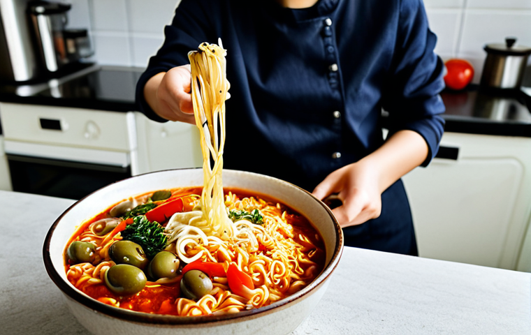 **

"A cozy Portuguese kitchen scene. A young woman, fully clothed in a casual outfit, is preparing "ramyeon" (Korean instant noodles). She is adding fresh vegetables like shredded carrots and sliced bell peppers to the pot. On the counter, there are packages of Korean instant noodles with Portuguese labels, a bottle of "Piri-Piri" hot sauce (a local Portuguese chili sauce), and a bowl of "Azeitonas" (Portuguese Olives). The image should have a warm, inviting feel, showcasing the fusion of Korean and Portuguese flavors, safe for work, appropriate content, fully clothed, modest, professional photography, high quality, perfect anatomy, natural proportions."

**