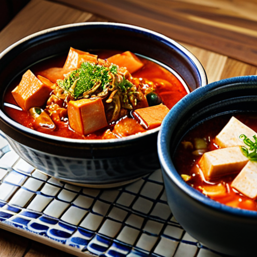 **Kimchi Jjigae (Kimchi Stew):** A steaming bowl of Kimchi Jjigae with vibrant red broth, chunks of tofu, and visible kimchi, served with a side of Portuguese rice (slightly sticky). Set on a rustic wooden table with traditional Portuguese tiles in the background. Include small bowls of pickled vegetables (banchan) inspired by Portuguese cuisine, like pickled carrots and olives. "Safe for work," "appropriate content," "fully clothed," "family-friendly," "perfect anatomy," "correct proportions," "natural pose," "professional photography," "high quality." Focus on the textures and appetizing presentation.