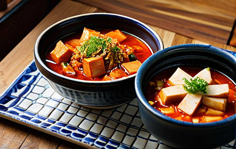 **Kimchi Jjigae (Kimchi Stew):** A steaming bowl of Kimchi Jjigae with vibrant red broth, chunks of tofu, and visible kimchi, served with a side of Portuguese rice (slightly sticky). Set on a rustic wooden table with traditional Portuguese tiles in the background. Include small bowls of pickled vegetables (banchan) inspired by Portuguese cuisine, like pickled carrots and olives. "Safe for work," "appropriate content," "fully clothed," "family-friendly," "perfect anatomy," "correct proportions," "natural pose," "professional photography," "high quality." Focus on the textures and appetizing presentation.