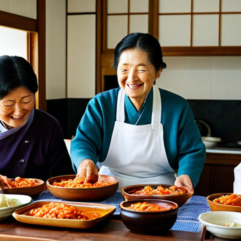 한식 관련 체험 프로그램 - Kimchi Making Class**

Prompt: "A bright, sunny kitchen in a traditional Korean home. Several people...