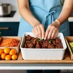 한식 프리미엄 밀키트 - A vibrant, close-up shot of a premium Korean meal kit box opened on a modern, clean kitchen counter ...