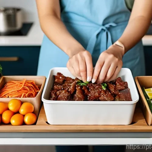 한식 프리미엄 밀키트 - A vibrant, close-up shot of a premium Korean meal kit box opened on a modern, clean kitchen counter ...