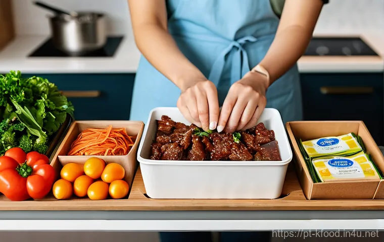 한식 프리미엄 밀키트 - A vibrant, close-up shot of a premium Korean meal kit box opened on a modern, clean kitchen counter ...