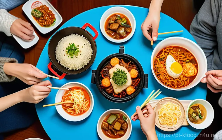 한식 프리미엄 밀키트 - A vibrant, close-up shot of a premium Korean meal kit box opened on a modern, clean kitchen counter ...
