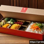 Home 19 한식 밀키트 포장 디자인 트렌드 - A sleek, eco-friendly Asian meal kit packaging set displayed on a rustic wooden table, featuring bio...
