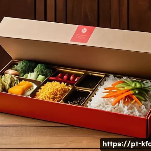 Home 31 한식 밀키트 포장 디자인 트렌드 - A sleek, eco-friendly Asian meal kit packaging set displayed on a rustic wooden table, featuring bio...