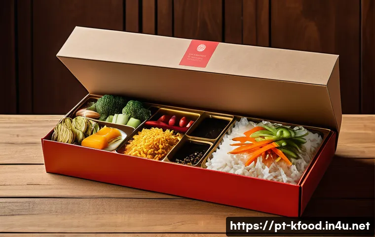 한식 밀키트 포장 디자인 트렌드 - A sleek, eco-friendly Asian meal kit packaging set displayed on a rustic wooden table, featuring bio...
