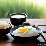 Home 23 한식 즉석밥 종류와 비교 - A cozy kitchen scene featuring a steaming bowl of traditional white instant rice served on a rustic ...