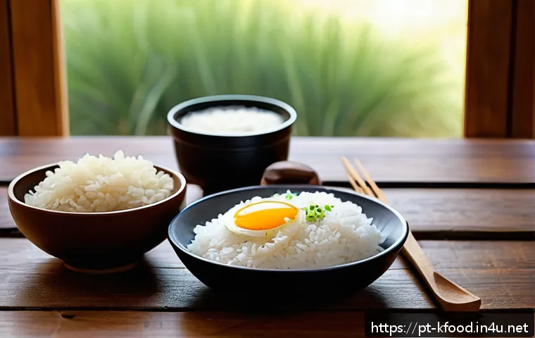 한식 즉석밥 종류와 비교 - A cozy kitchen scene featuring a steaming bowl of traditional white instant rice served on a rustic ...