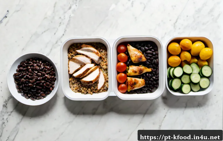 한식 밀키트 영양소 분석 - Photorealistic overhead kitchen scene of a Brazilian-style meal kit with grilled chicken, black bean...