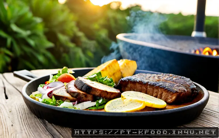한식 육류 요리 레시피 - Photorealistic Brazilian churrasco barbecue scene, juicy grilled picanha slices arranged on a rustic...